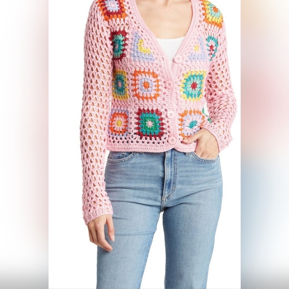 NWOT Cotton Emporium patchwork crochet sweater pink/multicolor - Picture 1 of 7